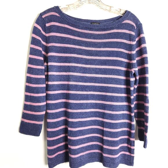 Talbots Petites Pullover Sweater Size Mp 100% Linen Blue Pink Stripe Classic - Picture 1 of 9